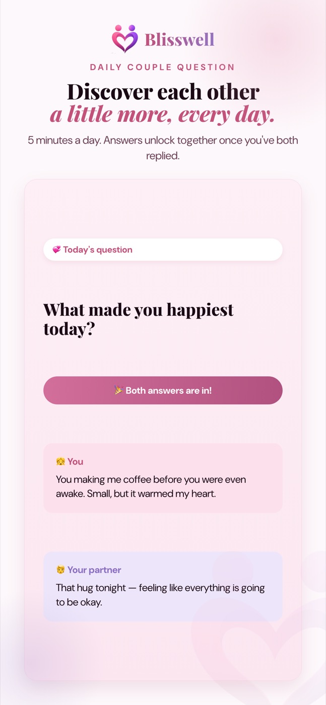 Question of the Day screen in Couples Wellness: Blisswell