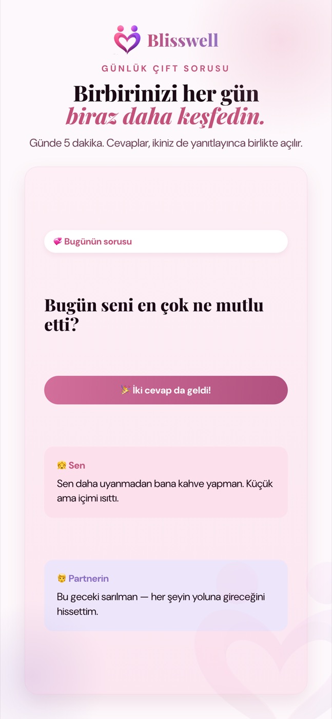 Blisswell: Çift & Evlilik uygulamasında Günün Sorusu ekranı